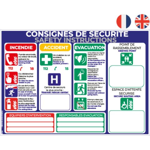consignes de sécurité (français / anglais) – panneau de signalisation