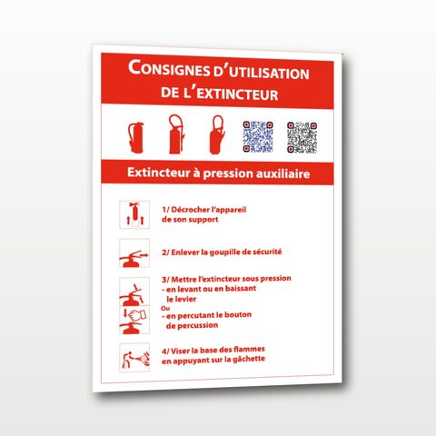 Consignes d’utilisation de l’extincteur à pression auxiliaire – QR Code – Panneau de Signalisation - 15 x 20 cm