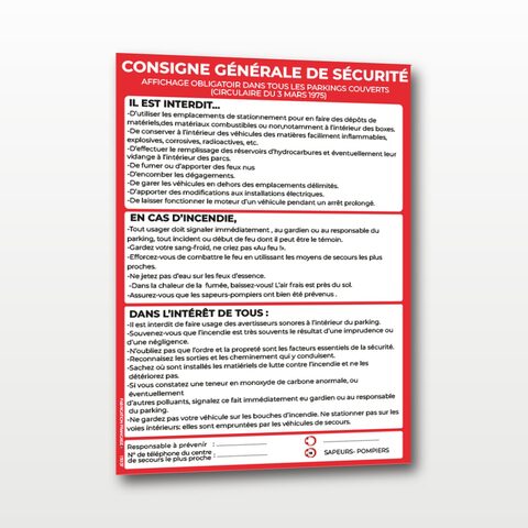 Consignes générales de sécurité – Parking – Panneau de Signalisation - A4